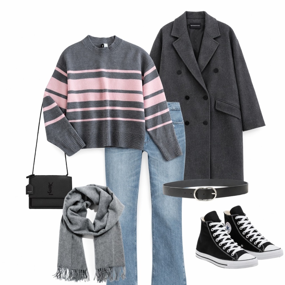 H&M Grey Pink Striped Sweater Size M Crewneck Knit